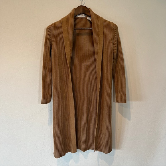 Pursuits Heavy Ribbed Knit Cotton Open Front Duster Sweater Cardigan Brown - Picture 1 of 8